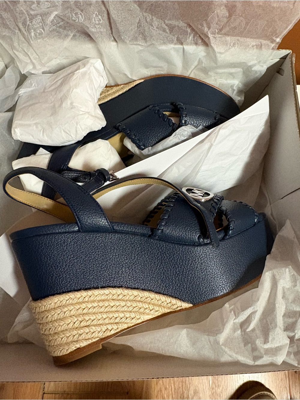 Michael Kors Navy Leather Platform Wedge Sandals with MK Medallion - Picture 10 of 10